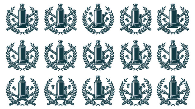 Seamless pattern of automotive repair shop emblems featuring hydraulic bottle jacks, crossed ratchet wrenches, bolts, and laurel wreaths on a white background for garage branding.