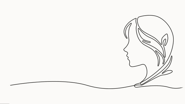 Continuous one line woman face art beauty female drawing silhouette abstract. Woman face outline draw minimal vector on white background.