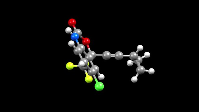 Structure of efavirenz, an antiretroviral medication. Animated 3D ball-and-stick and spacefill models, black background.