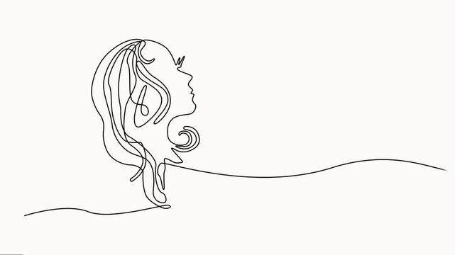 Continuous one line woman face art beauty female drawing silhouette abstract. Woman face outline draw minimal vector on white background.