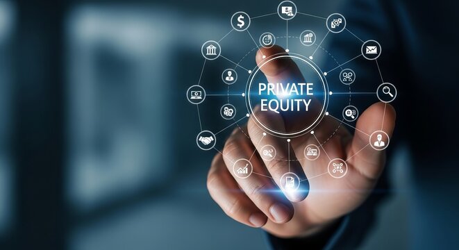 Private Equity Investment - Hand Touching Digital Interface with Icons.