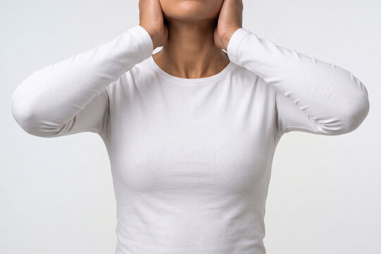 Sensory overload concept, woman covering ears with hands, stress and anxiety overwhelm symbol