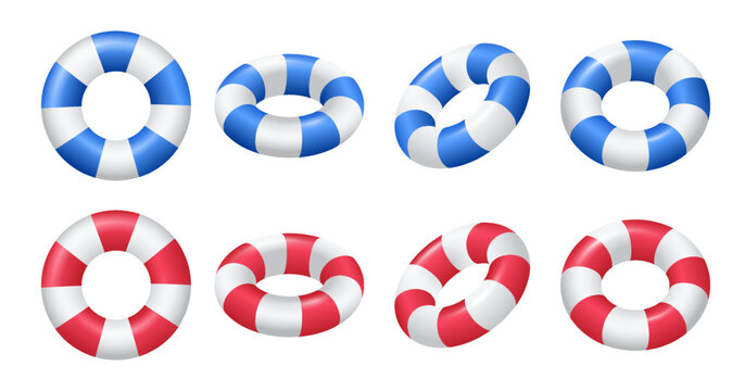 Inflatable lifebuoy for swimming from different angles, blue and red. Summer travel and leisure objects, rubber water toys, pool toys. Vector illustration.