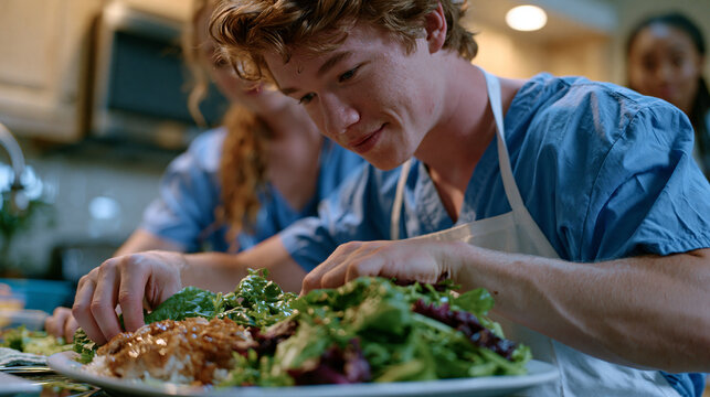 A man in recovery from binge eating disorder arranges a structured meal on a plate at a supervised residential treatment facility kitchen, supported by a counselor, capturing structured eating recov