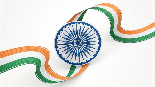 Swirling tricolor ribbons wrapped around Ashoka Chakra wheel design.

