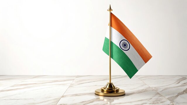 Mini Indian flag on golden stand over marble surface.
