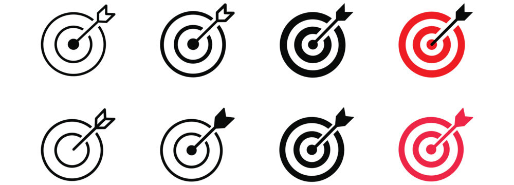 Target and Goal Achievement Icons Set with Outline, Solid, and Color Variations for Business Strategy, Success, Performance, and Objective Planning