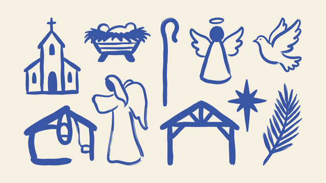 Hand drawn blue nativity vector icons set featuring church manger angel dove star stable and shepherd crook