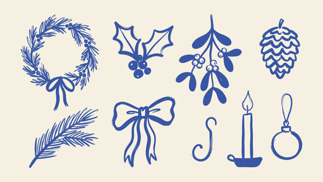 Hand drawn Christmas holiday vector elements set with wreath holly mistletoe pinecone bow candle and ornament