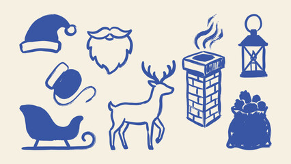 Blue hand drawn Christmas icon set with Santa hat beard reindeer sleigh chimney lantern and gift sack vector © Sahabat