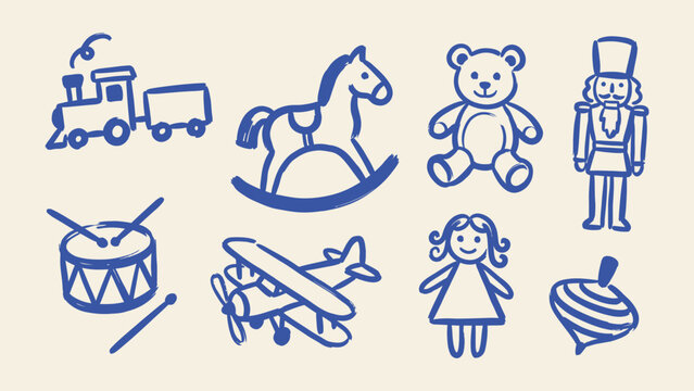 Hand drawn vintage children toys vector set featuring teddy bear rocking horse train drum doll airplane nutcracker and spinning top