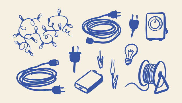 Hand drawn electrical equipment vector icons set with power cords plugs light bulb battery and wire spool for design elements