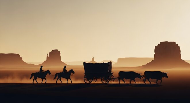 Pioneer wagon train silhouette in desert landscape