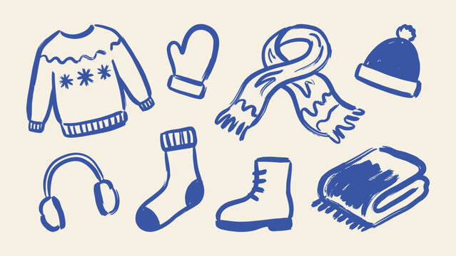 Winter clothing and accessories vector doodle icon set featuring hand drawn sweater scarf beanie mitten sock boot earmuffs and blanket