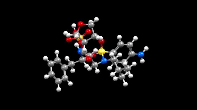 Structure of fosamprenavir, an antiretroviral medication. Animated 3D ball-and-stick and spacefill models, black background.