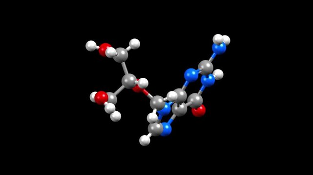 Structure of ganciclovir, an antiviral medication. Animated 3D ball-and-stick and spacefill models, black background.