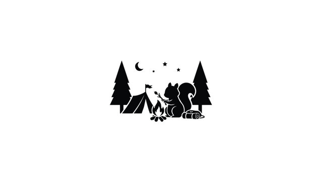Black silhouette illustration of a squirrel camping by a campfire with tent and pine trees in night setting