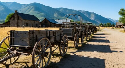 Fototapeta premium Historical wooden wagons in a mountain landscape