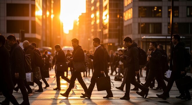 Silhouetted commuters crossing a city street at sunset.