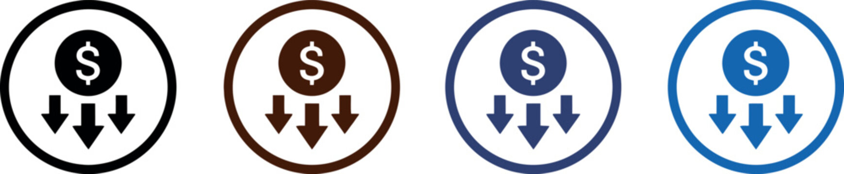 Set of four circular icons representing financial cost reduction and decreasing dollar currency.