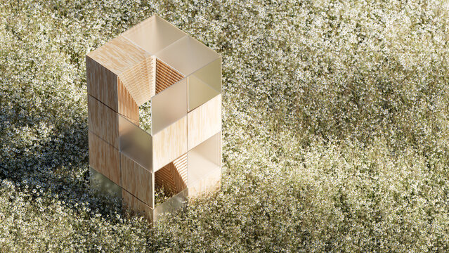 Modular wooden pavilion standing in wildflower meadow