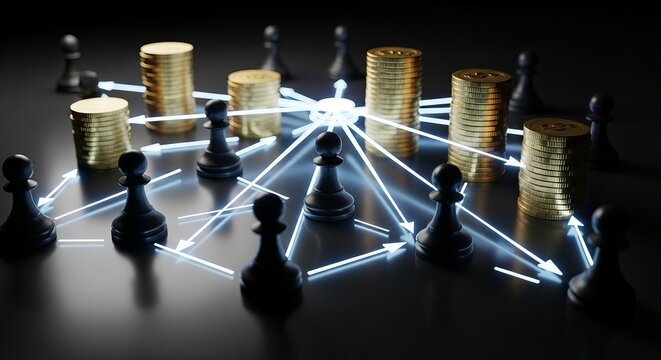 Strategic Chess Pieces and Coin Stacks Connected by Light Beams.