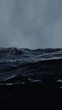 Dark stormy ocean waves moving camera vertical video 3d render cgi realistic sea with dramatic moody atmosphere cinematic background. 