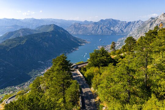 Panorama Bay of Kotor and winding road in summer season 