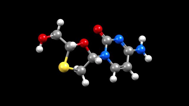 Structure of lamivudine, a nucleoside reverse transcriptase inhibitor and antiretroviral drug. Animated 3D ball-and-stick and spacefill models, black background.