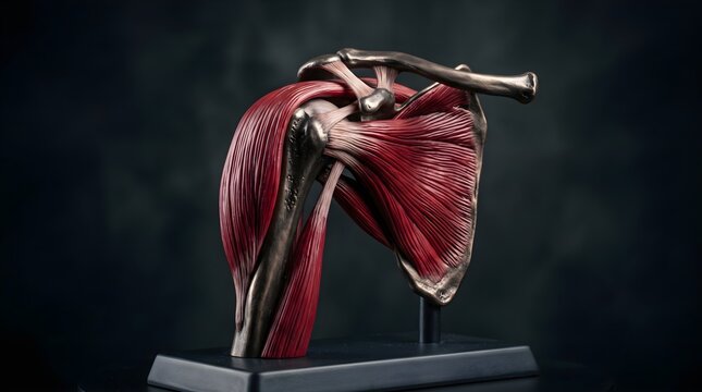 3D model of a human shoulder joint and musculature on a stand, medical illustration showing rotator cuff muscles and bones