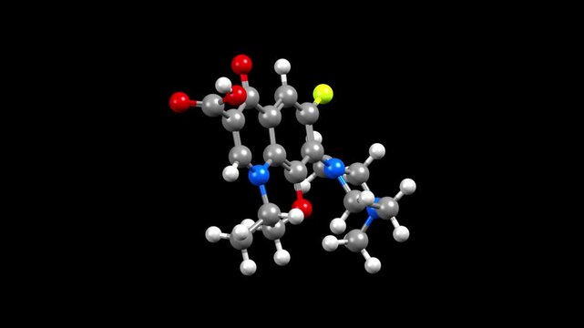 Structure of the fluoroquinolone antibiotic levofloxacin. Animated 3D ball-and-stick and spacefill models, black background.