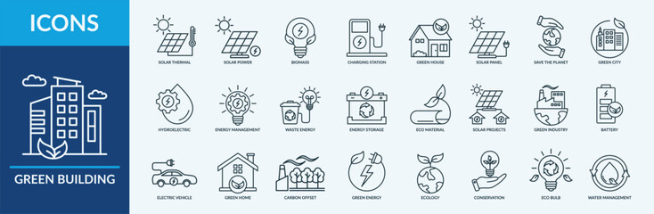 Naklejka premium Green Building - Icon Collection. Thin Outline Set contains such Icons as solar thermal, green energy, green house, green home and more. Simple web icons set