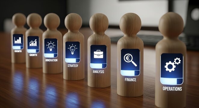 Wooden Peg Dolls Representing Business Functions on a Table.