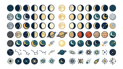 Celestial moon phases and space icons set, astronomical vector collection with planets and stars, mystical astrology symbols for graphic design © noor
