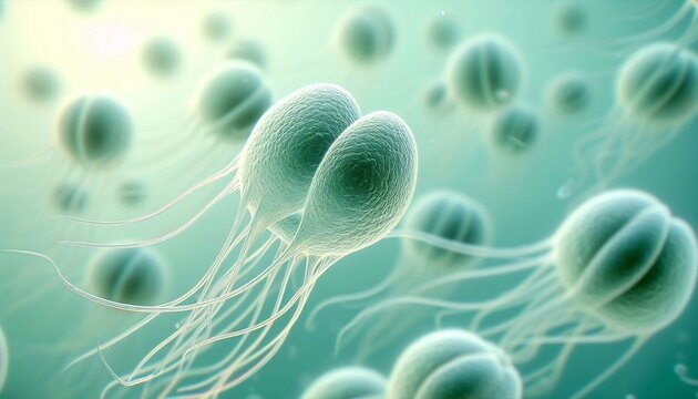 Microscopic view of giardia lamblia protozoan parasites floating in a fluid environment showing distinct dual nuclei and multiple flagella in 3d render