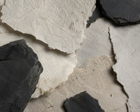 Macro top-down abstract texture background of layered handmade recycled paper with deckled edges