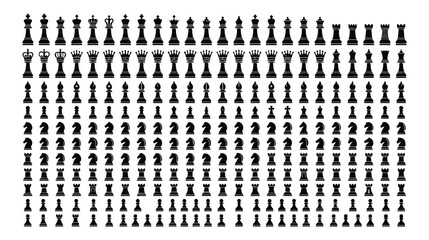 Minimalist chess piece icons set, black silhouette chess symbols collection, flat vector game elements for strategy and competition branding © noor