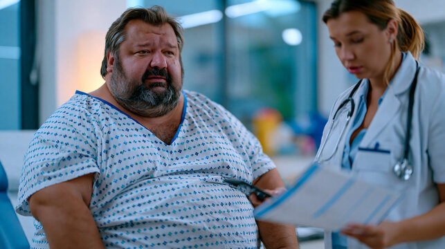 A heavyset man in a hospital gown sits on an exam table while a physician scrolls past his chart quickly without explaining findings, depicting weight stigma in healthcare, implicit provider bias to