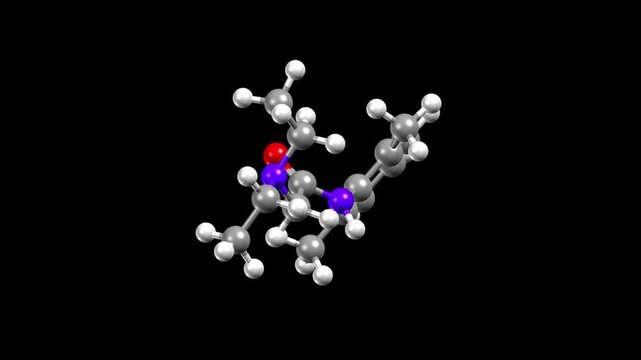 Structure of lidocaine, a local anesthetic and antiarrhythmic medication. Animated 3D ball-and-stick and spacefill models, black background.