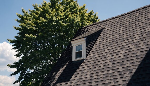 House roof with a dormer window and a large green tree against a bright blue sky