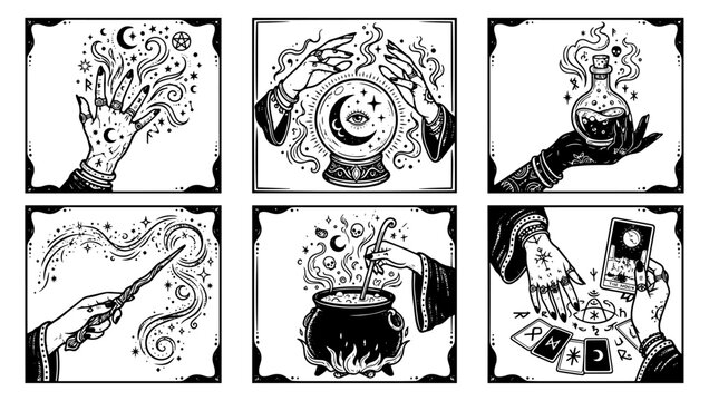 Collection of mystical hand drawn illustrations featuring magic spells and occult symbols in black ink