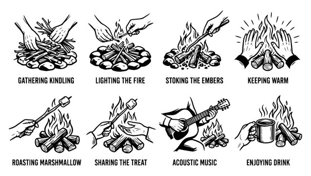 Hand Drawn Illustration Set Showing Camping Activities Around A Campfire In A Vintage Sketch Style