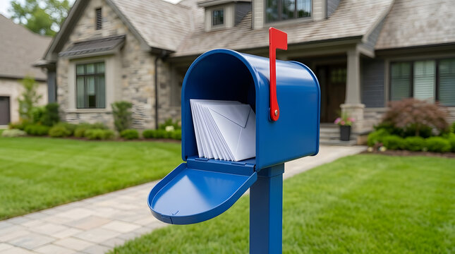 Blue Mailbox with Letters and Raised Red Flag in Suburban Yard