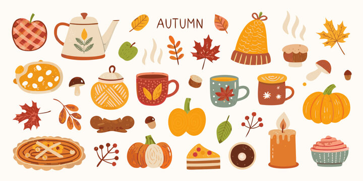 Autumn themed vector illustration with pumpkins leaves and cozy objects