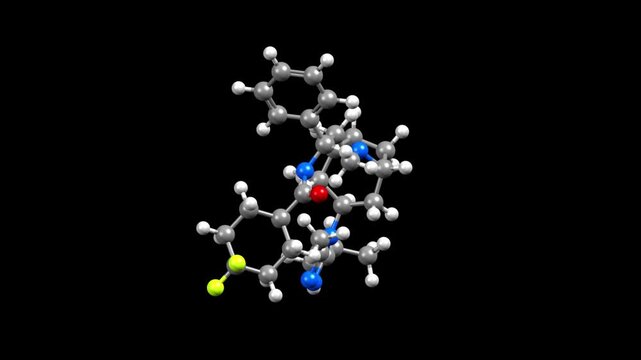 Structure of maraviroc, an antiretroviral medication. Animated 3D ball-and-stick and spacefill models, black background.