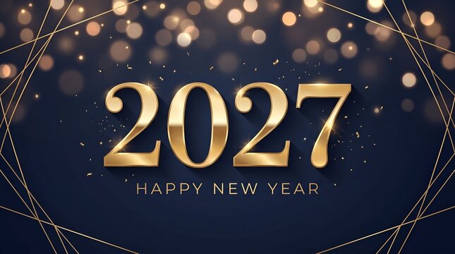 Golden 2027 New Year Typography With Geometric Lines And Bokeh Background