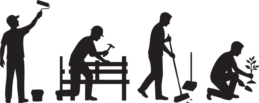 Home Improvement Worker Silhouette Set, Painter, Carpenter, Cleaner and Gardener Black Vector Collection