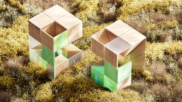 Modular eco structures in wildflower landscape