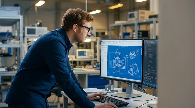 Engineer working with computer aided design software on dual monitors displaying complex technical blueprints and code in bright industrial workshop with equipment.