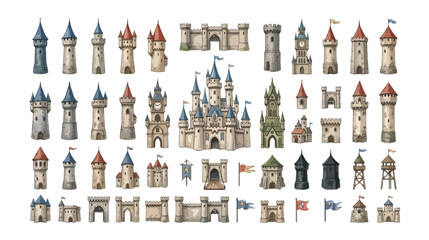 Medieval castle towers and fortress elements set, fantasy kingdom stone architecture collection, fairytale palace vector icons for game design © noor